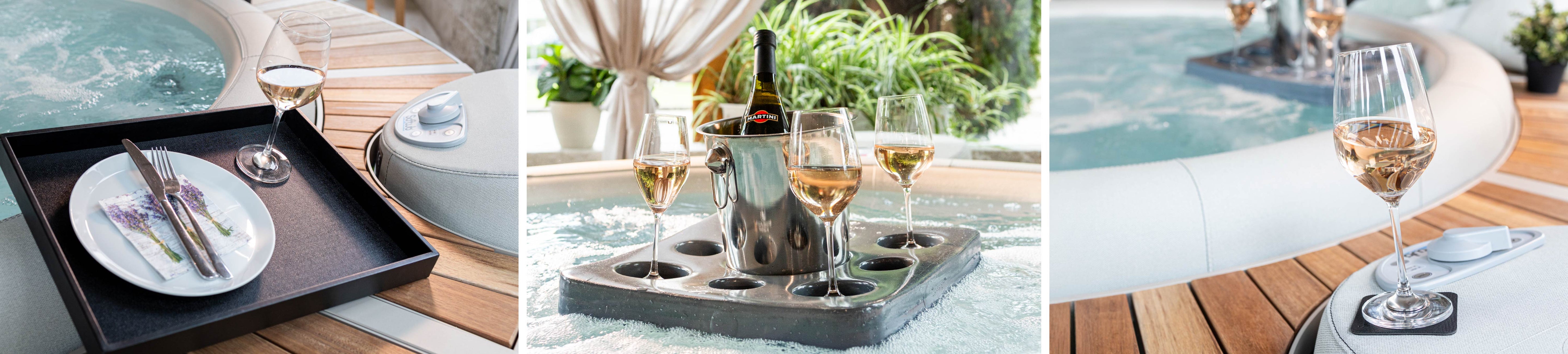 1. Foto: Magnet-Kristallglas Wein, Magnet-Teller auf Metall-Tablett. 2. Foto: Magnet-Gläser in Metall-Halterung im Whirlpool. 3. Foto: Magnet-Kristallglas Wein auf quadratischem Metall-Nano-Gel-Pad, im Hintergrund Magnet-Gläser in Metall-Halterung im Whirlpool