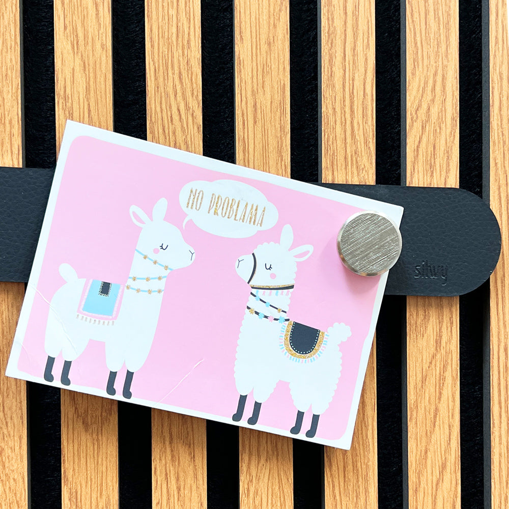 schwarze Metall-Leiste mit per Magnet befestigter Karte "No problama"