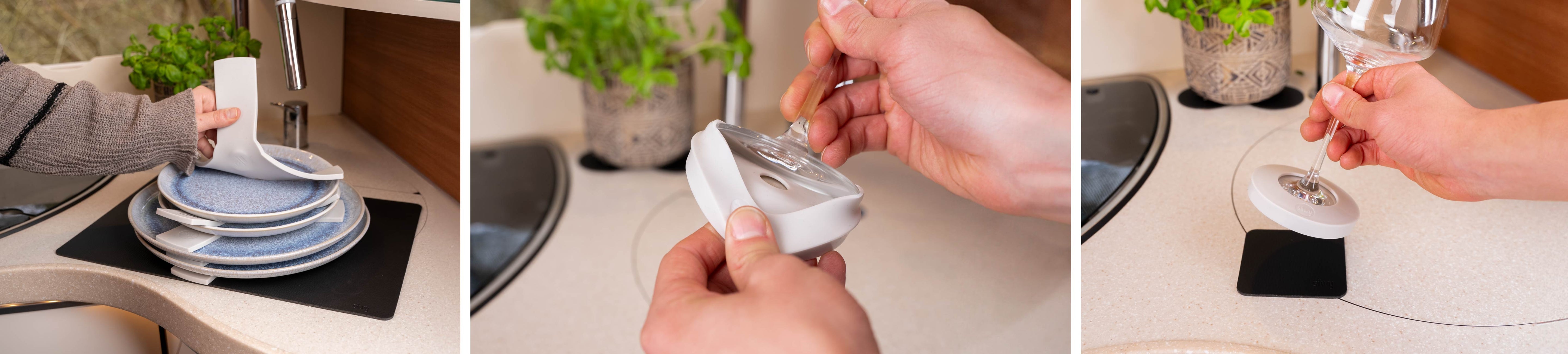 Magnet-Adapter über bestehende Gläser stülpen und mit Pad fixieren, sowie Teller mit den Magnet-Sandwichen befestigen