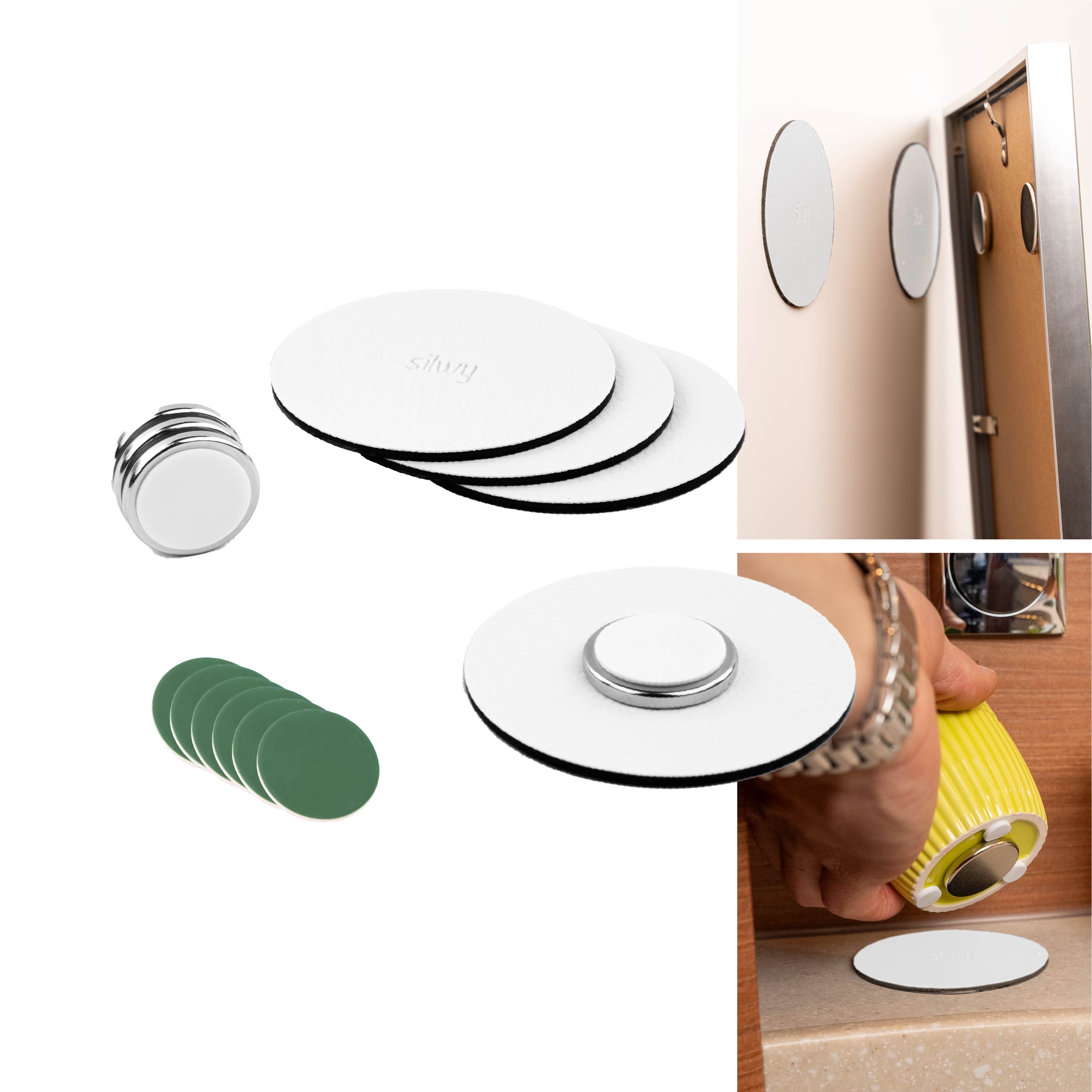 Magnet-Power-Bundle in weiß - runde Metall-Nano-Gel-Pads in weiß sowie Magneten zur Befestigung z.B. an Bilderrahmen oder Vasen
