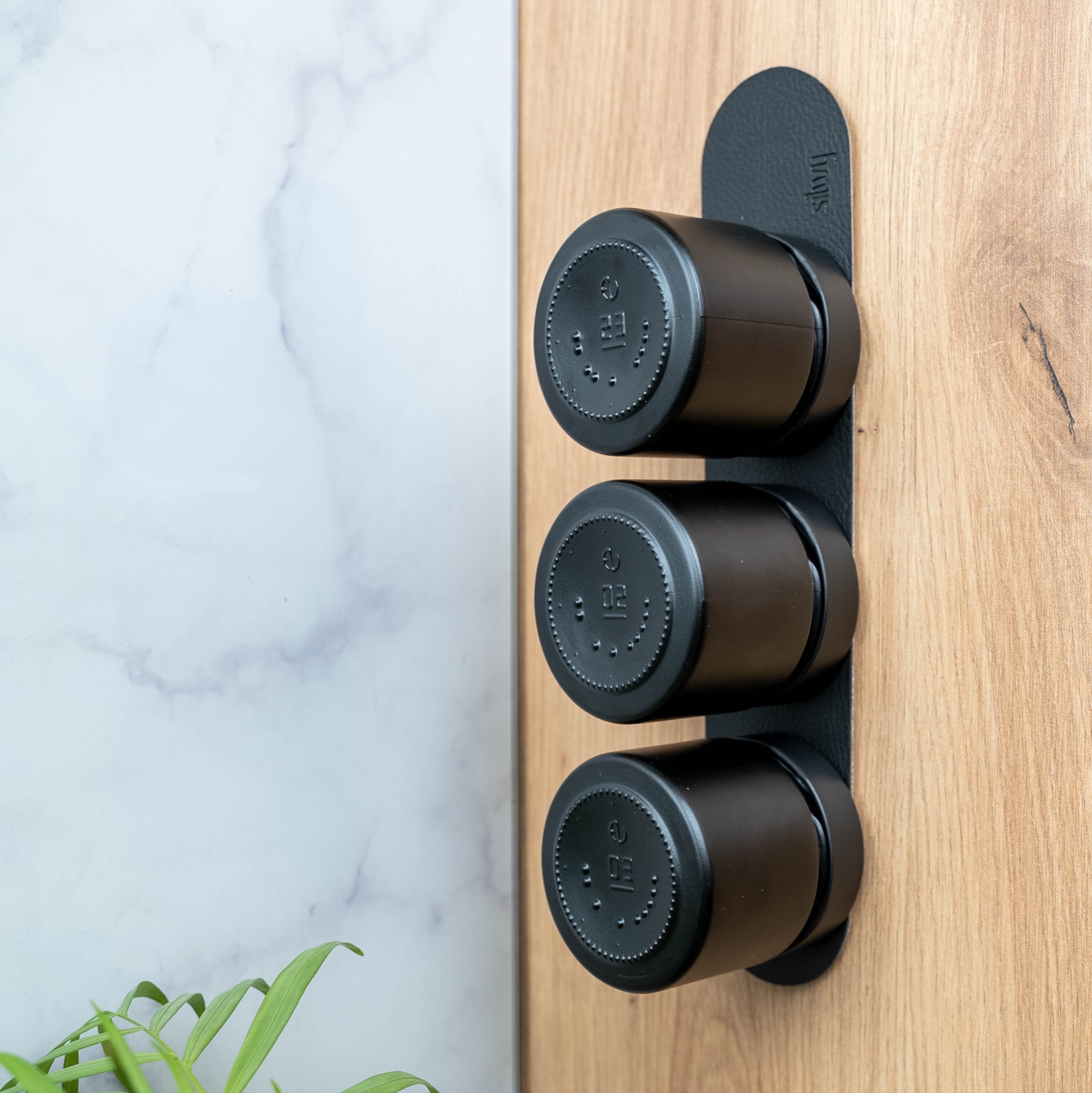 Magnet-Feinkostgläser vertikal an Leiste montiert in einer Küchenumgebung