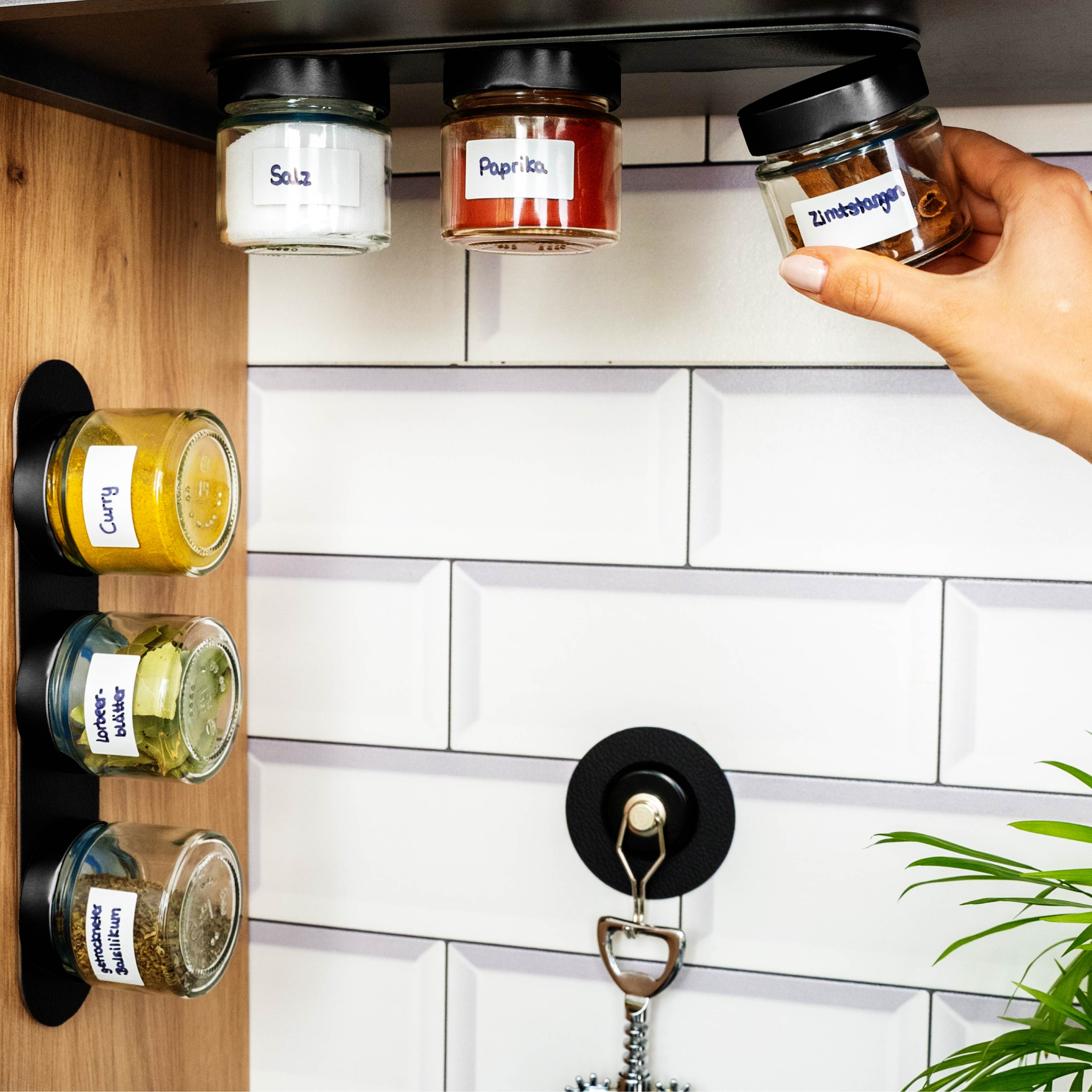 Magnet-Feinkostgläser an Metall-Leiste in einer Küchenumgebung