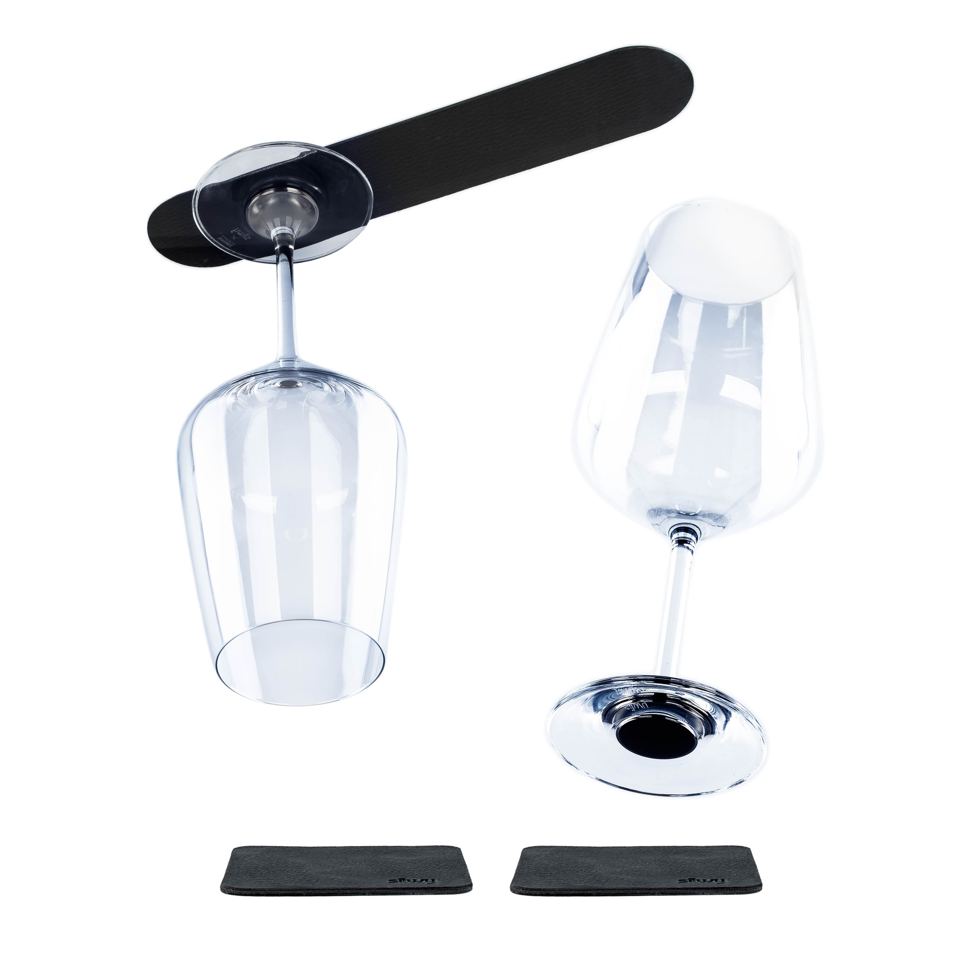 Magnet-Kristallgläser Wein inkl. Metall-Leiste schwarz und quadratischen Metall-Nano-Gel-Pads schwarz