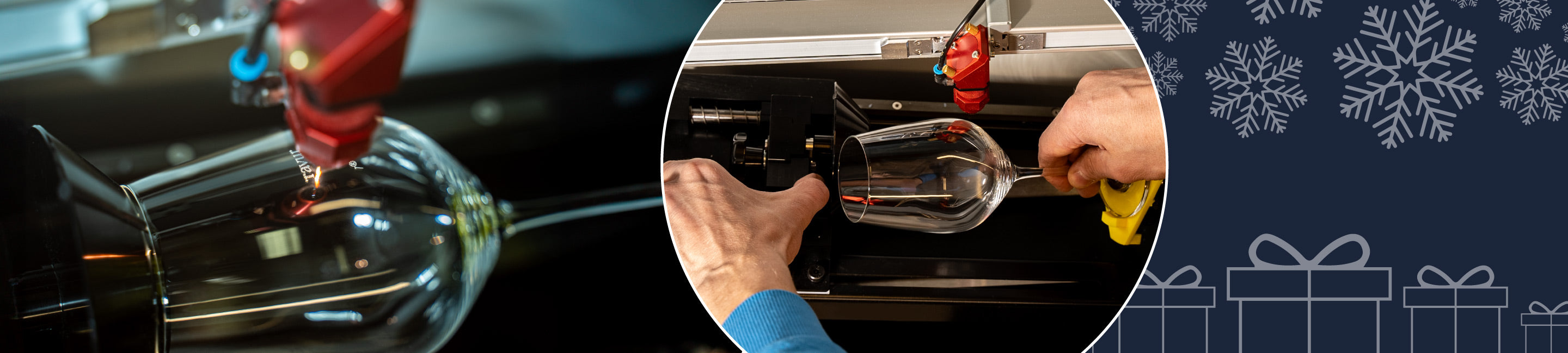 Weihnachtsedition - Auf beiden Fotos ist der Prozess des Gravierend eines Weinglases zu sehen 